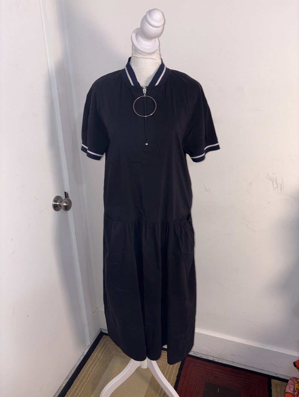 Zara midi dress with short sleeves, a drop waist, and sporty striped trim XS